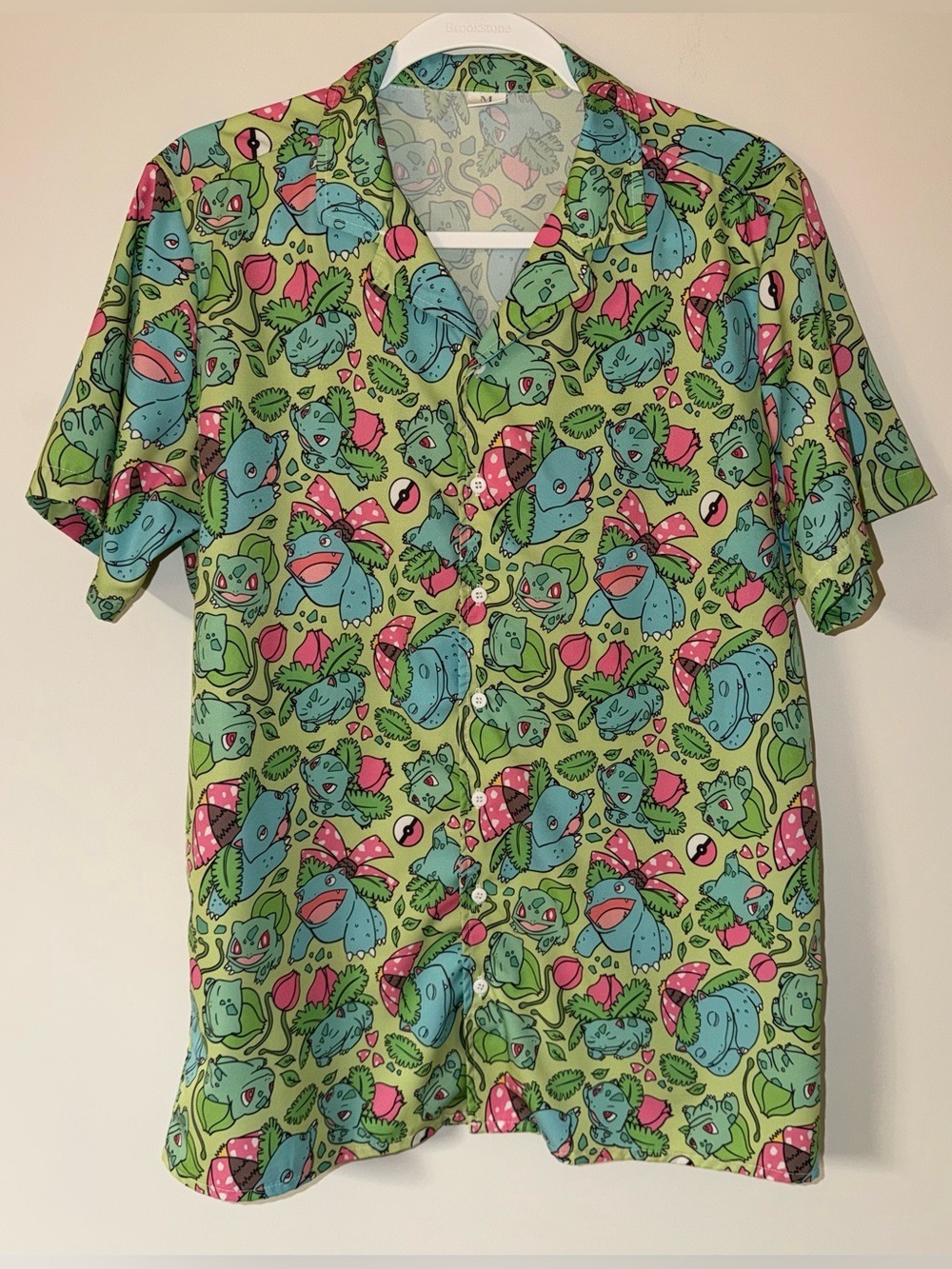 Pokemon Bulbasaur Evolution Line All Over Print Short Sleeve Button Up Shirt M
